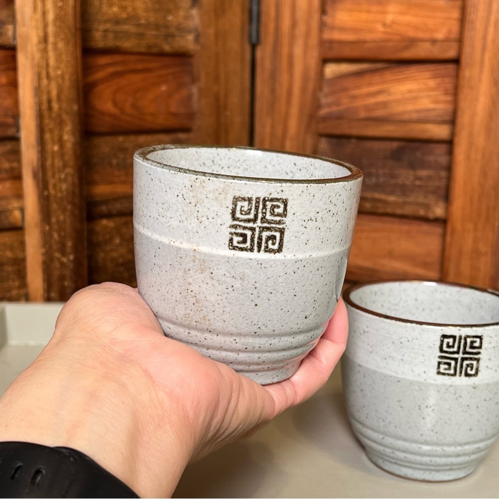 Teacups- Japanese Yumomi style . Speckled Ceramic Cup Pair with Geometric Stamp